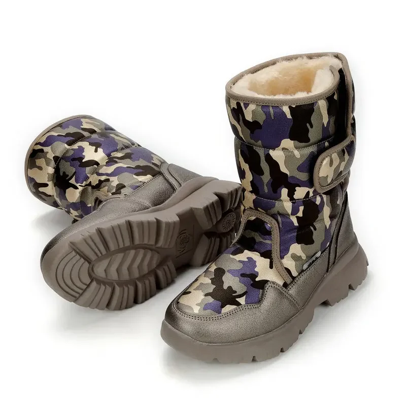 Печатный камуфляж Зимние теплые плюшевые детские зимние сапоги Нескользящая водонепроницаемая лыжная обувь Длинные ботинки для девочек Семейная обувь