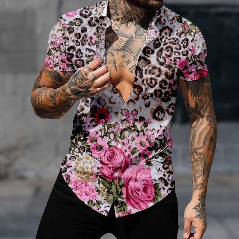 Повседневная гавайская рубашка Рубашка с коротким рукавом для мужчин Леопардовая роза Винтаж Harajuku Y2k Мода Уличная одежда Уютная одежда