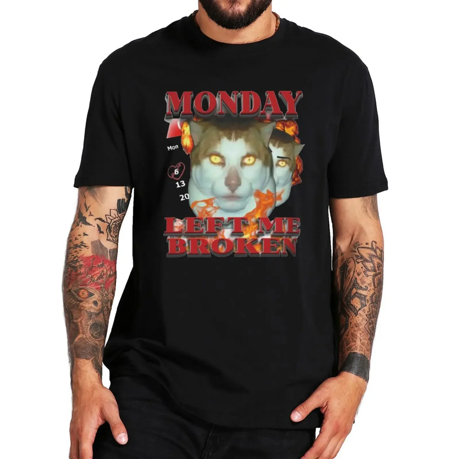 Понедельник оставил меня сломанный кот мем футболка Harajuku Y2k Странные футболки Размер ЕС 100% хлопок Мягкие футболки унисекс с графикой