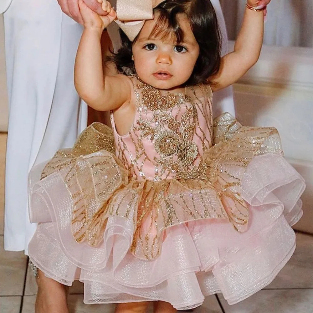 принцесса розовый цветок платье для свадьбы пышные золотые пайетки с бантом полая спина дети день рождения патри первое причастие одежда