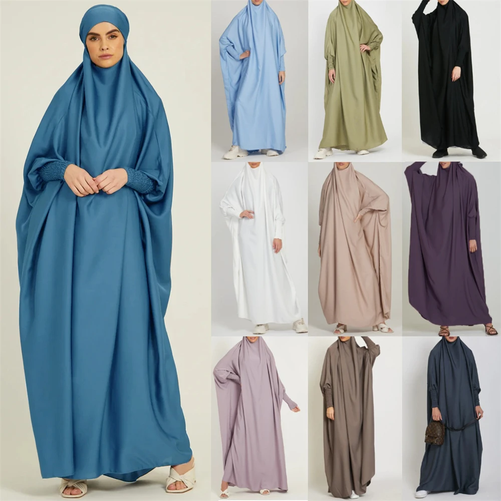 Рамадан Мусульманские женщины Цельное молитвенное платье с капюшоном Абайя Смокинг Рукав Исламская одежда Дубай Саудовский однотонный халат Турецкая скромность
