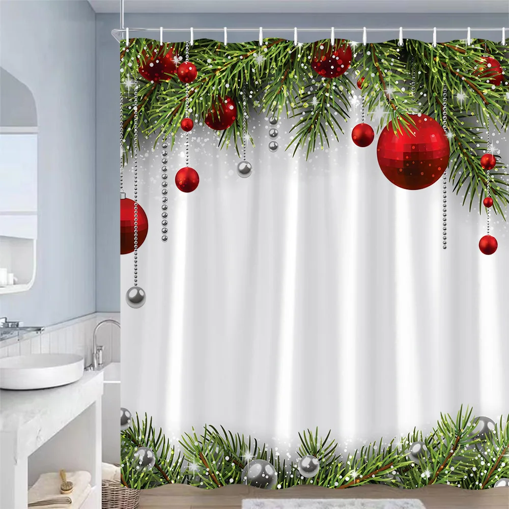 Рождественские занавески для душа Серебристо-красные рождественские шары Зеленые сосновые ветви Новый год Дом Настенный Полиэстер Ткань Декор ванной комнаты