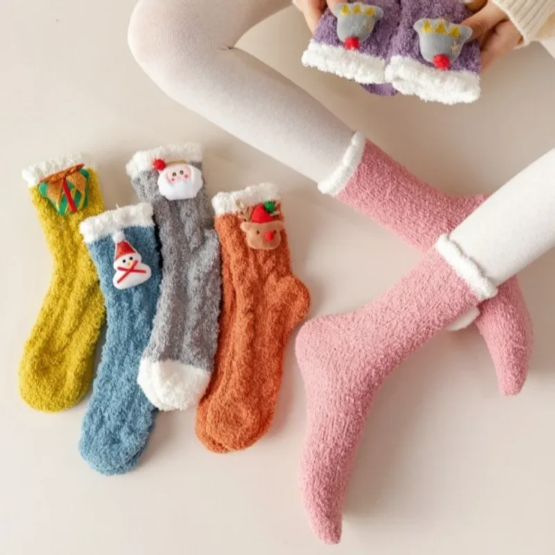 Рождественские носки из кораллового бархата для женщин осень-зима с бархатным утолщением спящие теплые милые плюшевые месячные носки
