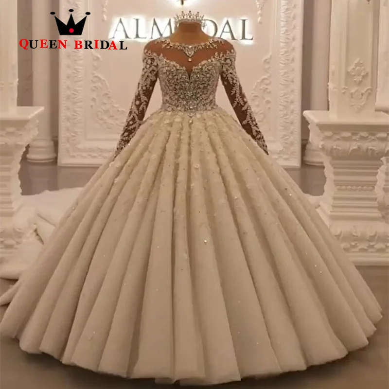 Роскошные свадебные платья с кристаллами 2024 Новый длинный рукав с пайетками Бисер O Вырез Свадебные платья Vestidos Para Mujer Custom Z96Y