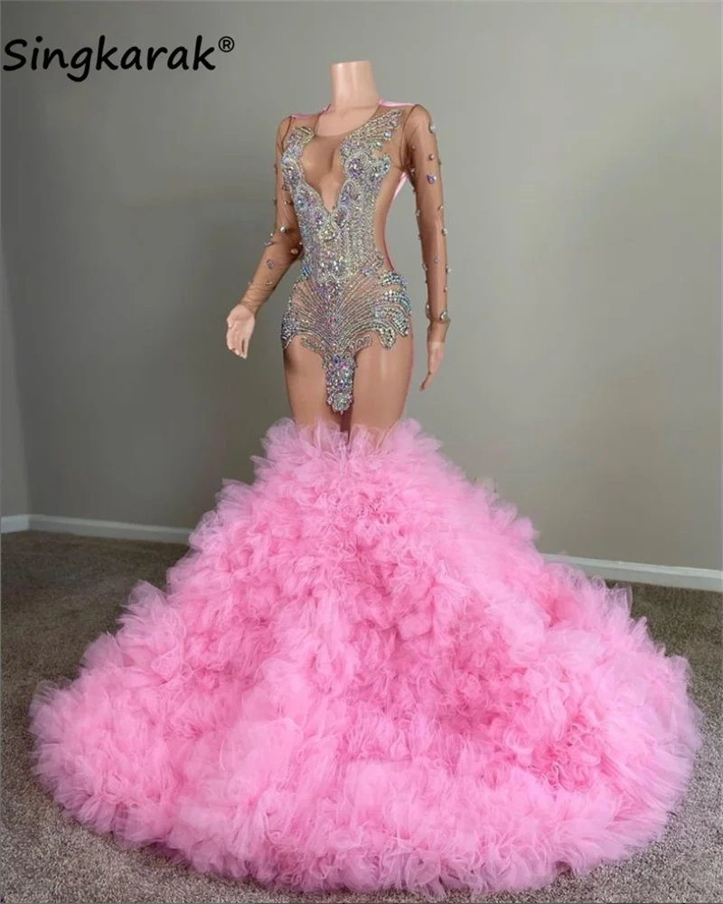 Сияющие бриллианты Розовое выпускное платье 2024 Бусины Кристаллы Стразы Оборки Снизу Вечернее платье Платье на день рождения Халат De Bal