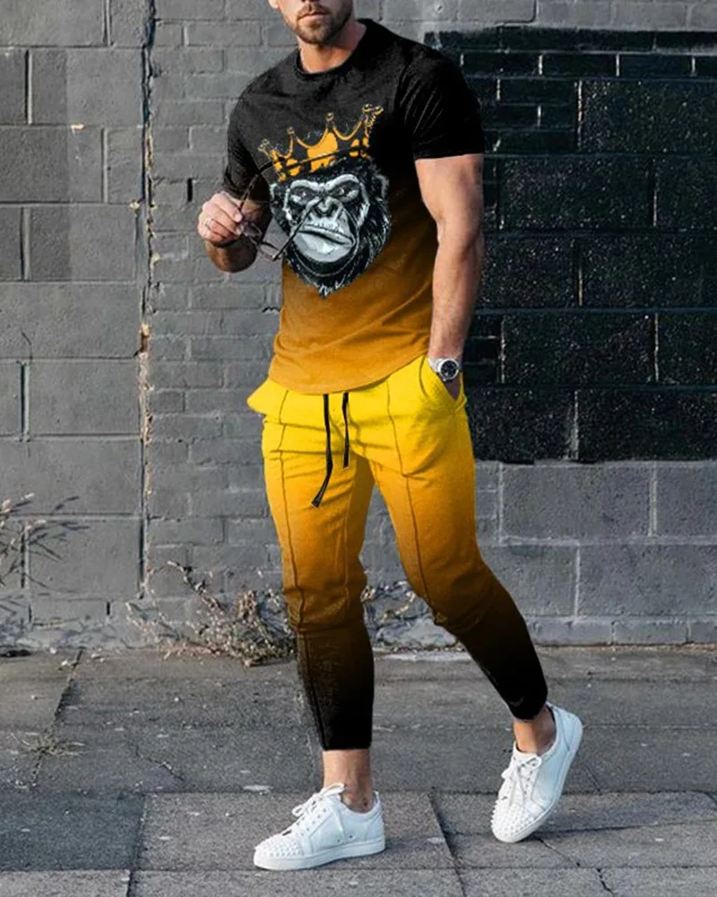 Спортивный костюм Мужская летняя двухкомпонентная модная футболка с короткими рукавами Спортивные брюки Комплект хип-хоп 3D-печатный большой мужской костюм с круглым вырезом