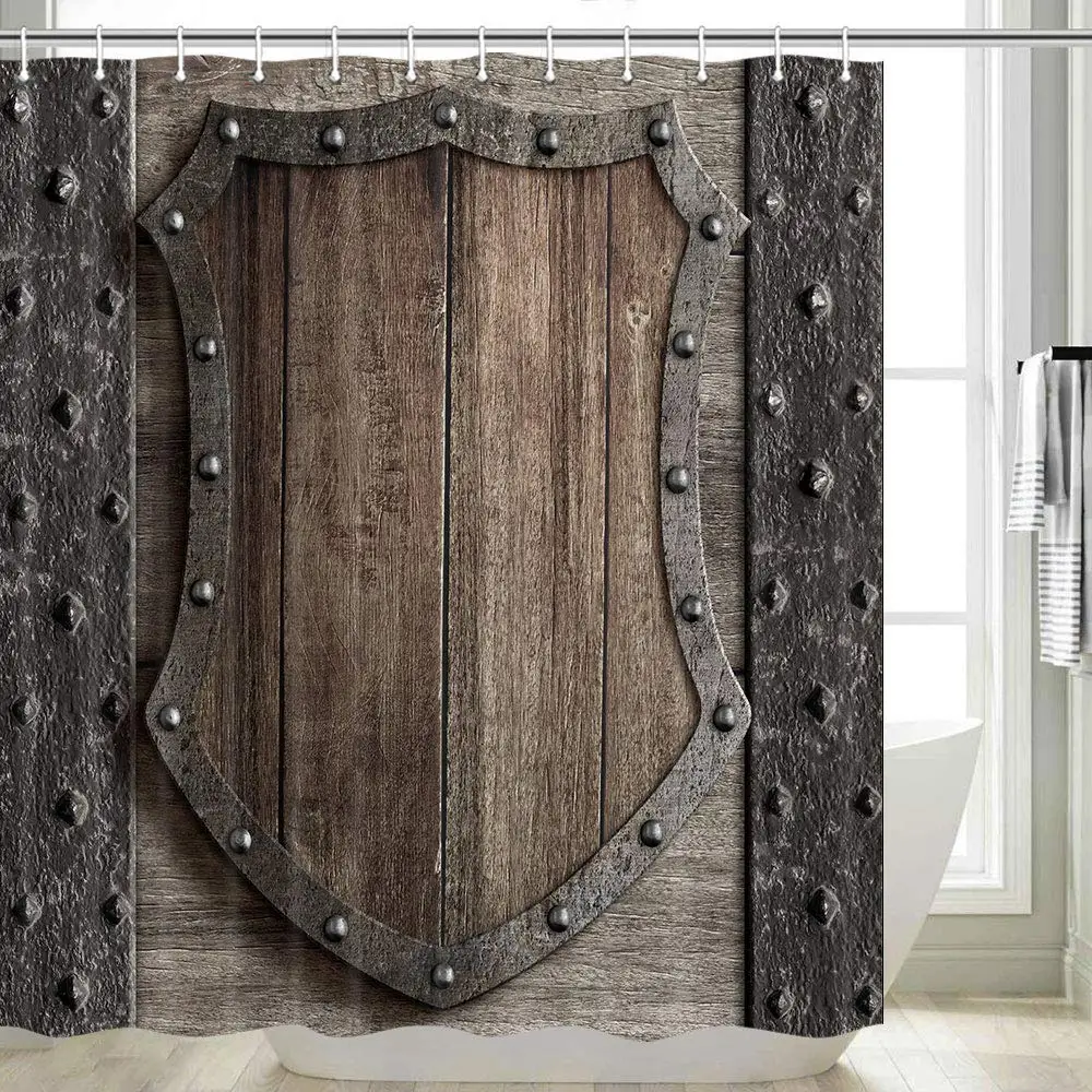Средневековая занавеска для душа,Деревенский деревянный щит на средневековых воротах замка Занавеска для ванны,Деревянная дверь Историческая винтажная домашняя ванная комната