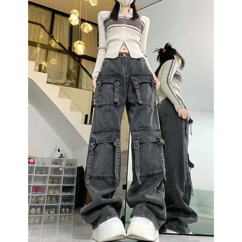 Темно-серые женские джинсы Высокая талия Хип-хоп Прямые модные брюки Уличная одежда Harajuku Y2K Style Женские широкие джинсовые брюки