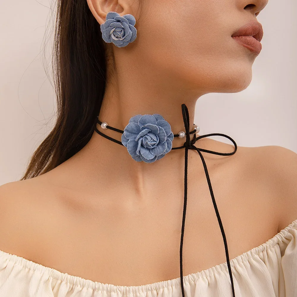 темперамент синий цветок жемчуг кулон ожерелье серьги набор для женщин модный длинный бант веревка цепочка чокеры вечеринка ювелирные изделия набор