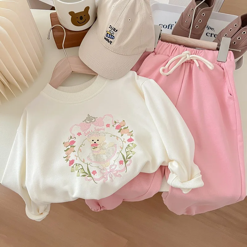 Толстовка для девочек весна новый корейский стиль детская одежда повседневная мода белый мультяшный топ-костюм детская осенняя одежда 2023