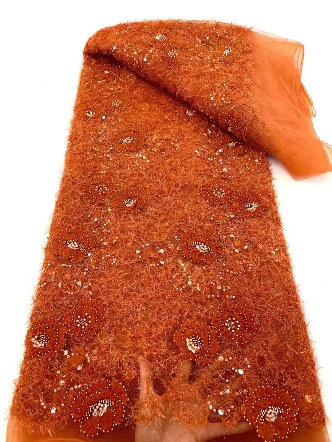  французские пайетки кружевная ткань ручной работы 2023 оранжевый высококачественная вышитая африканская сетчатая кружевная ткань из бисера для женщин