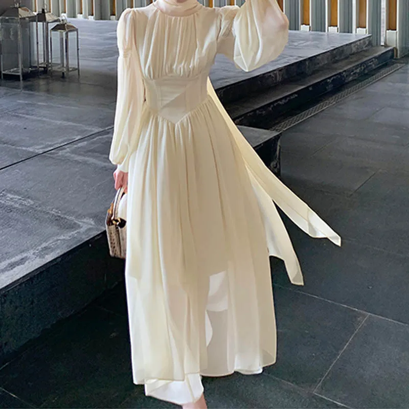 французский элегантный цельный платье весна водолазка белый макси платье женщины с длинным рукавом мода праздник фея халат одежда G663