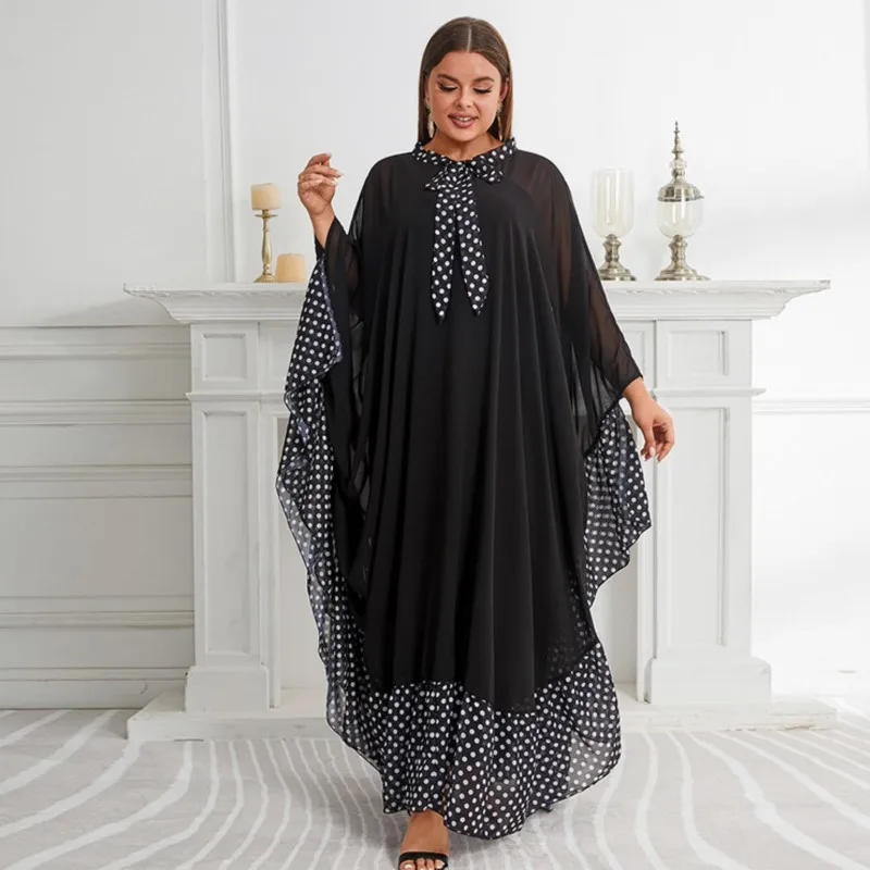  Черные африканские платья для женщин Большой размер Свободный бант Горошек Принт Цветовая блокировка Мусульманская Абая Мода Boubou Africain Femme