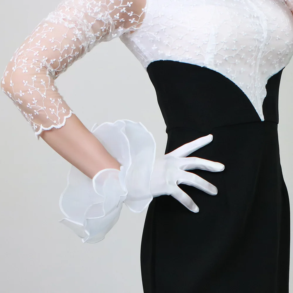 Шелковые кружевные перчатки Эластичные мерсеризованные шелковые атласные белые ультракороткие большие двухслойные сетчатые женские перчатки из органзы с оборками WSG03