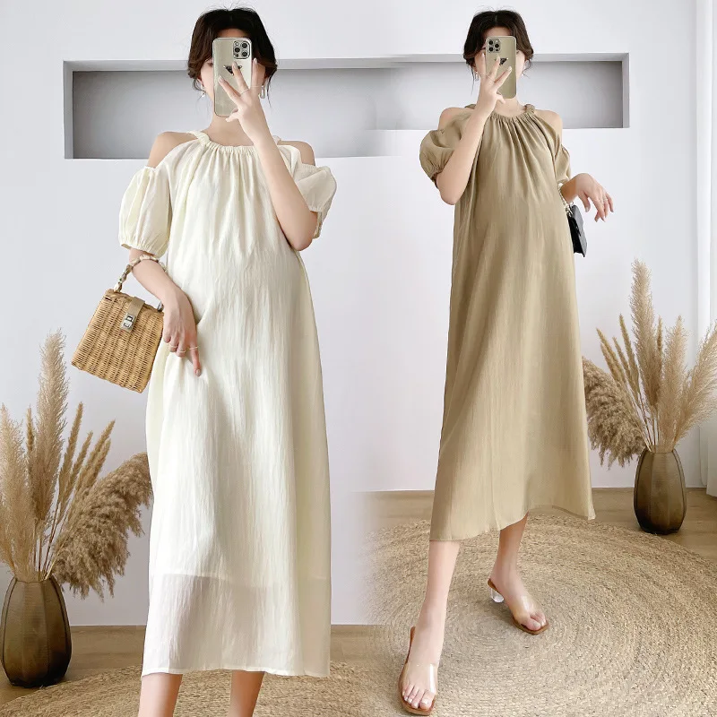 Элегантная одежда для беременных Лето Новая корейская версия Плюс размер Мода С открытыми плечами Темперамент Французские длинные платья для беременных